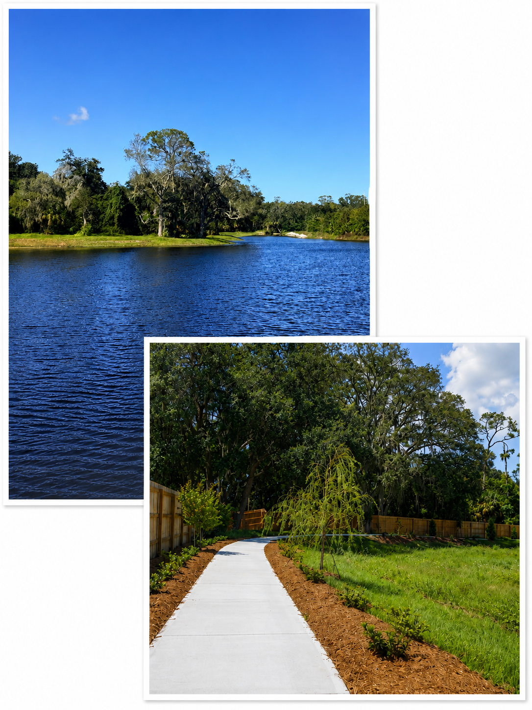 two photos. back is of lake. front is of nature trail.